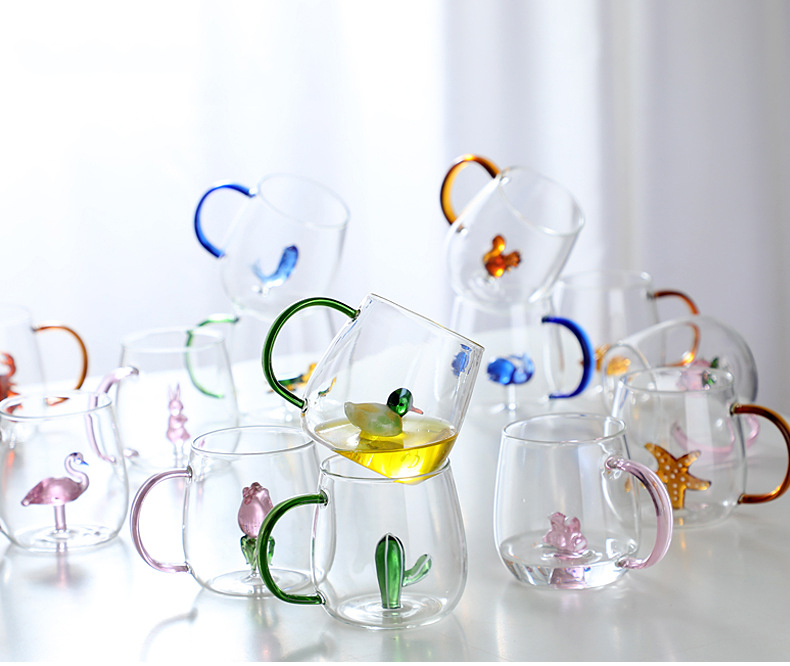 Clear Glass mug with 3D Animal or Plant bottom