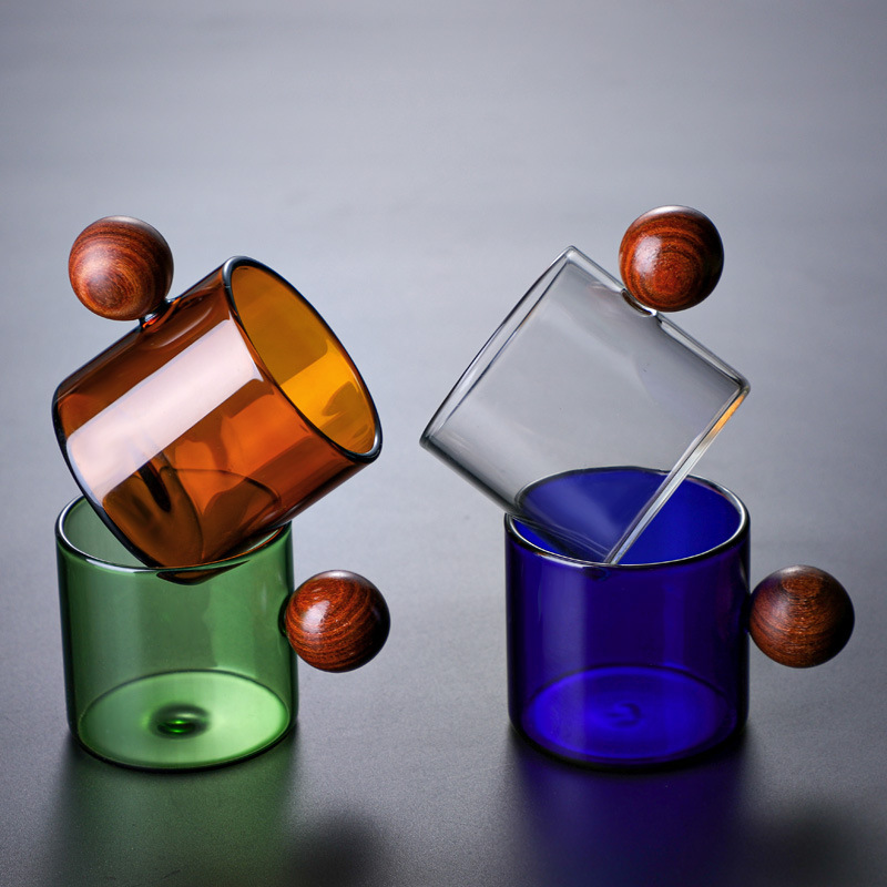 Creative Wood Ball Handle Gongfu Tea Glass Cup