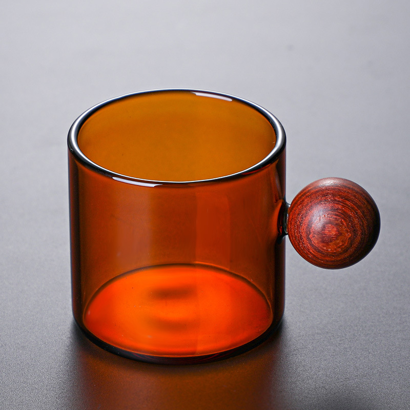 Creative Wood Ball Handle Gongfu Tea Glass Cup