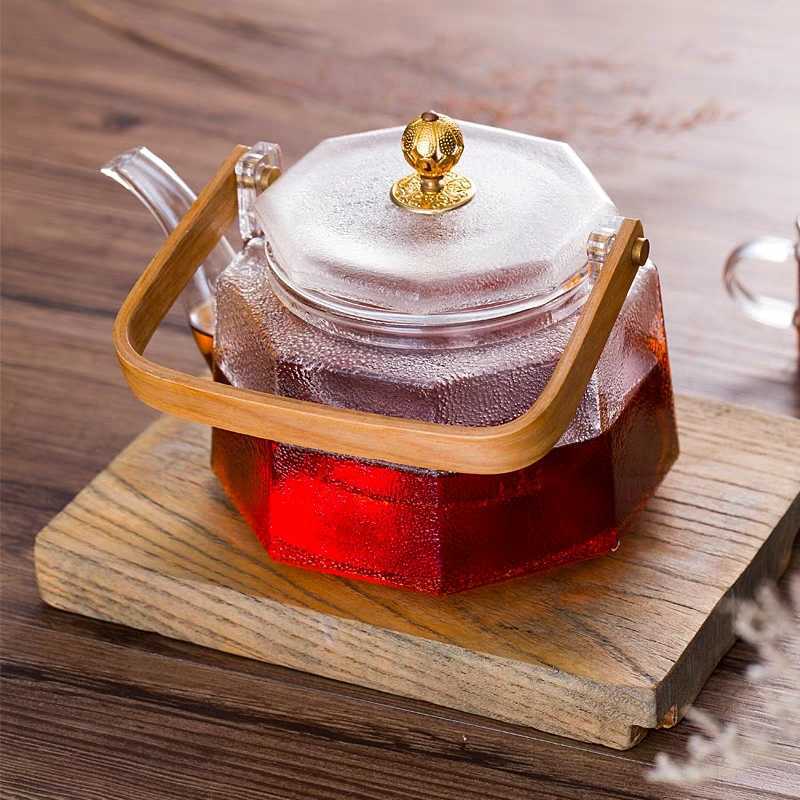 Hammered Pattern Steam Boiling Lifting Beam Glass Teapot