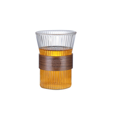 Vertical Stripe Glass Cup With Wooden Sleeve