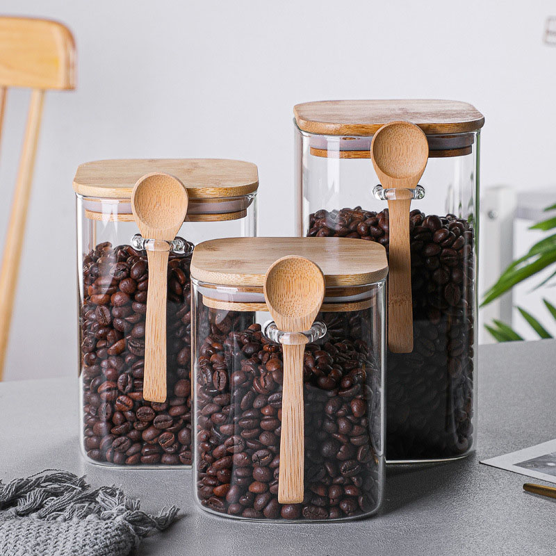 set of 3 Square Glass storage container jar with bamboo Lid and Spoon