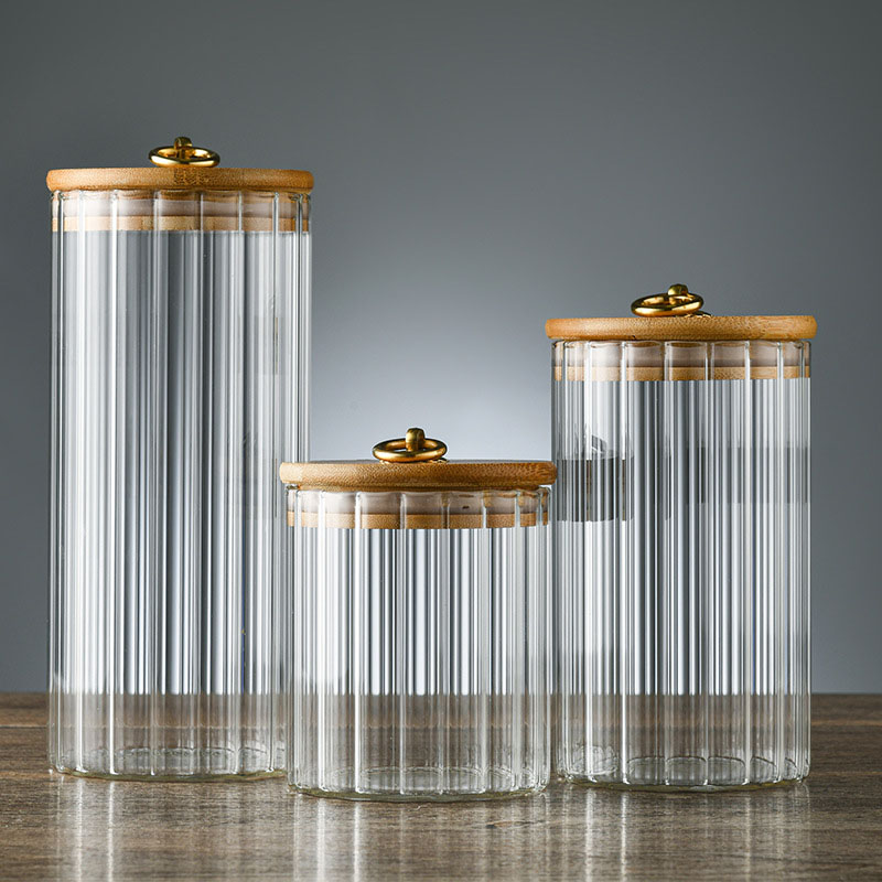 Vertical Striped Borosilicate Glass Storage Canister Container Jar with bamboo lid