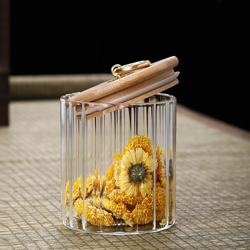 Vertical Striped Borosilicate Glass Storage Canister Container Jar with bamboo lid